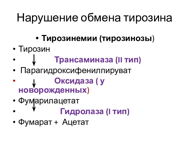 Нарушение обмена тирозина Тирозинемии (тирозинозы) Тирозин Трансаминаза (II тип) Парагидроксифенилпируват