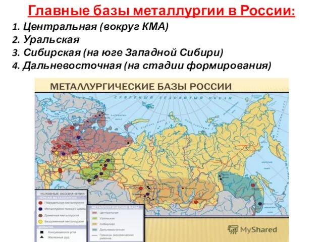 Главные базы металлургии в России: 1. Центральная (вокруг КМА) 2.