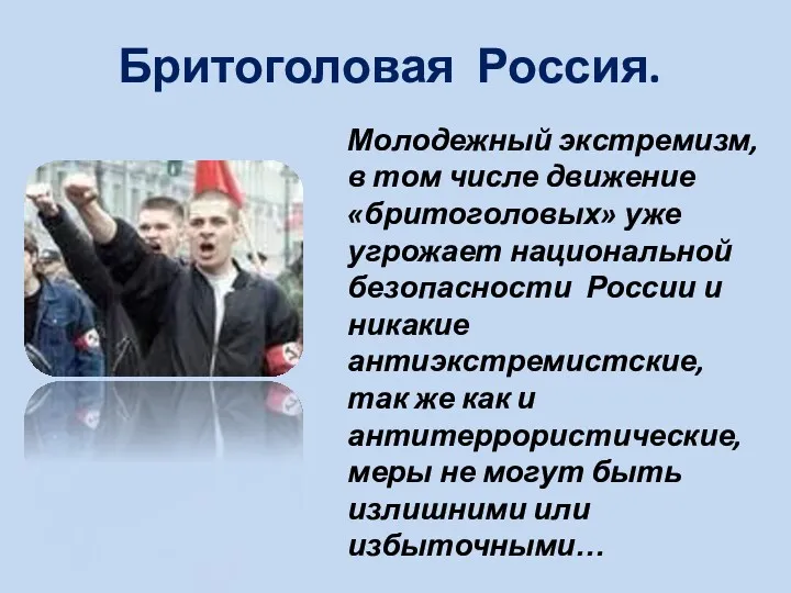 Бритоголовая Россия. Молодежный экстремизм, в том числе движение «бритоголовых» уже