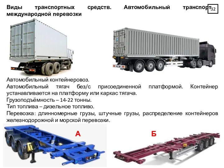 Виды транспортных средств. Автомобильный транспорт международной перевозки Автомобильный контейнеровоз. Автомобильный тягач без/с присоединенной