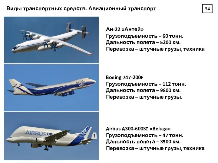 Виды транспортных средств. Авиационный транспорт Ан-22 «Антей» Грузоподъемность – 60 тонн. Дальность полета