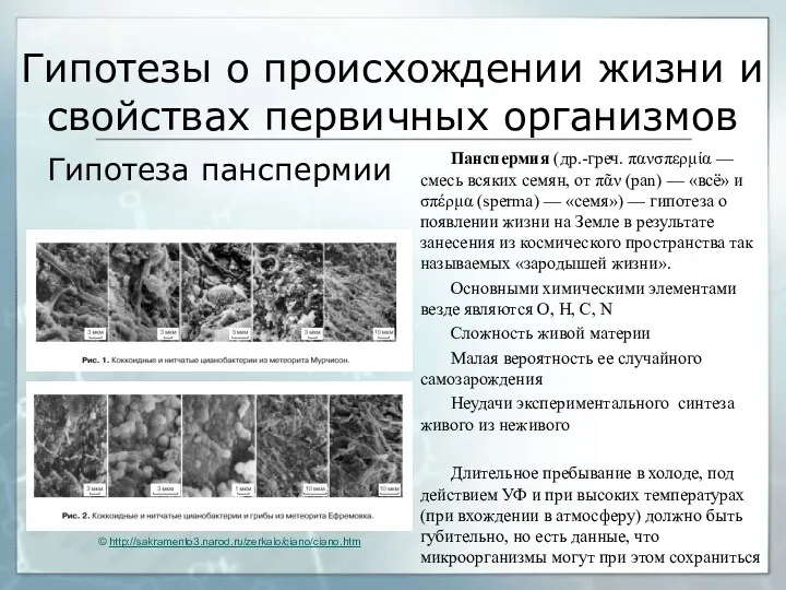 Гипотеза панспермии Панспермия (др.-греч. πανσπερμία — смесь всяких семян, от