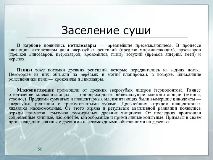 Заселение суши В карбоне появились котилозавры — древнейшие пресмыкающиеся. В