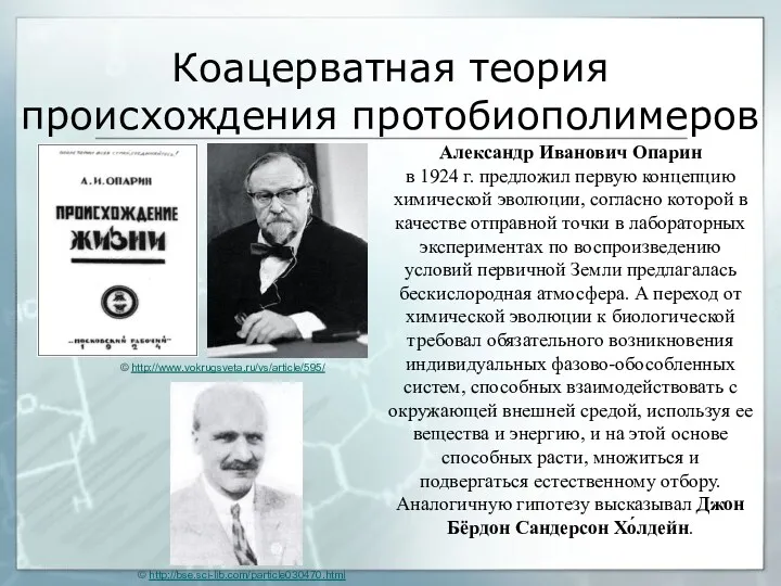 Коацерватная теория происхождения протобиополимеров Александр Иванович Опарин в 1924 г.