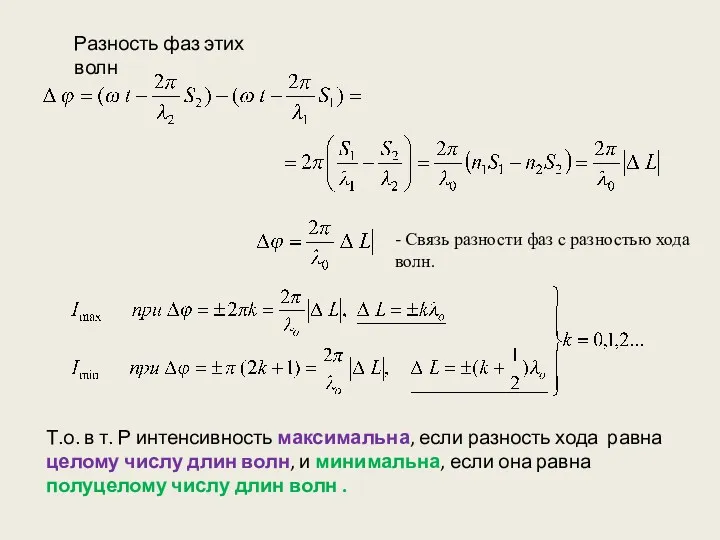 Т.о. в т. Р интенсивность максимальна, если разность хода равна