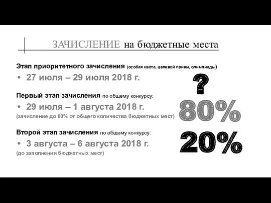 ЗАЧИСЛЕНИЕ на бюджетные места Этап приоритетного зачисления (особая квота, целевой