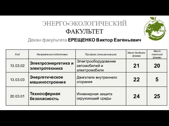 ЭНЕРГО-ЭКОЛОГИЧЕСКИЙ ФАКУЛЬТЕТ Декан факультета ЕРЕЩЕНКО Виктор Евгеньевич