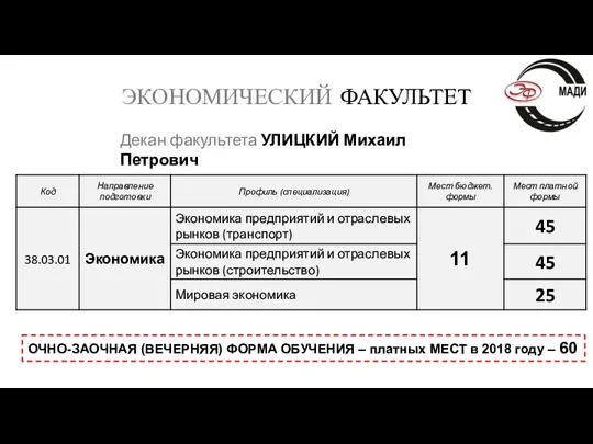 ЭКОНОМИЧЕСКИЙ ФАКУЛЬТЕТ Декан факультета УЛИЦКИЙ Михаил Петрович ОЧНО-ЗАОЧНАЯ (ВЕЧЕРНЯЯ) ФОРМА