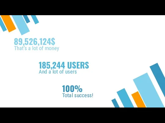 89,526,124$ That’s a lot of money 100% Total success! 185,244 USERS And a lot of users