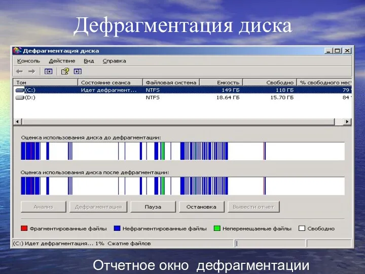 Дефрагментация диска Отчетное окно дефрагментации