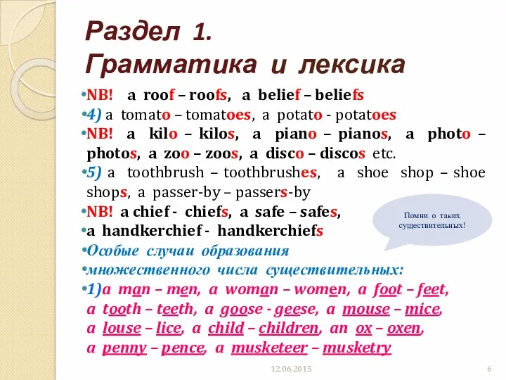 Раздел 1. Грамматика и лексика NB! a roof – roofs,