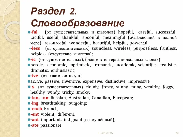 Раздел 2. Словообразование -ful (от существительных и глаголов) hopeful, careful,