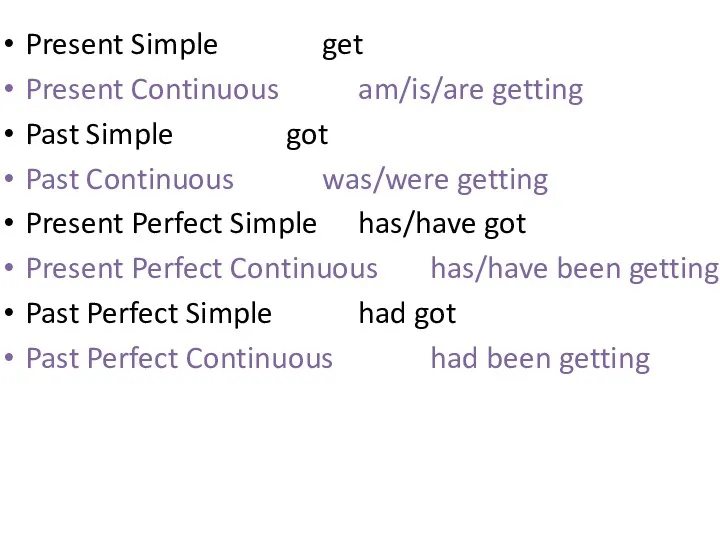 Present Simple get Present Continuous am/is/are getting Past Simple got