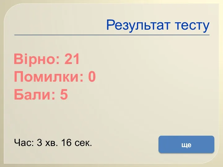 Результат тесту Вірно: 21 Помилки: 0 Бали: 5 Час: 3 хв. 16 сек. ще