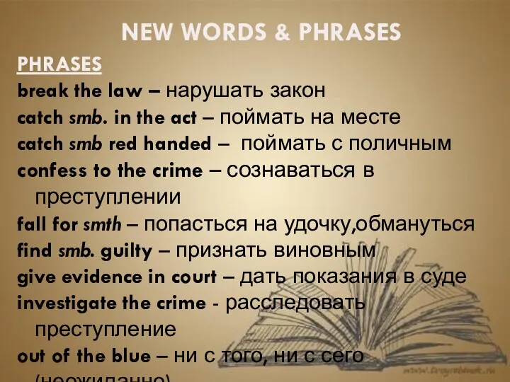 NEW WORDS & PHRASES PHRASES break the law – нарушать