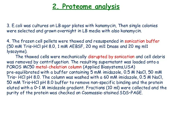 2. Proteome analysis 3. E.coli was cultures on LB agar