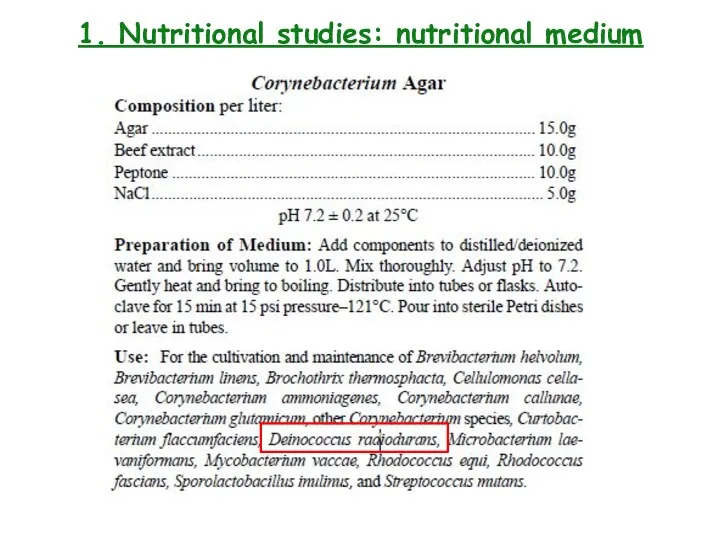 1. Nutritional studies: nutritional medium