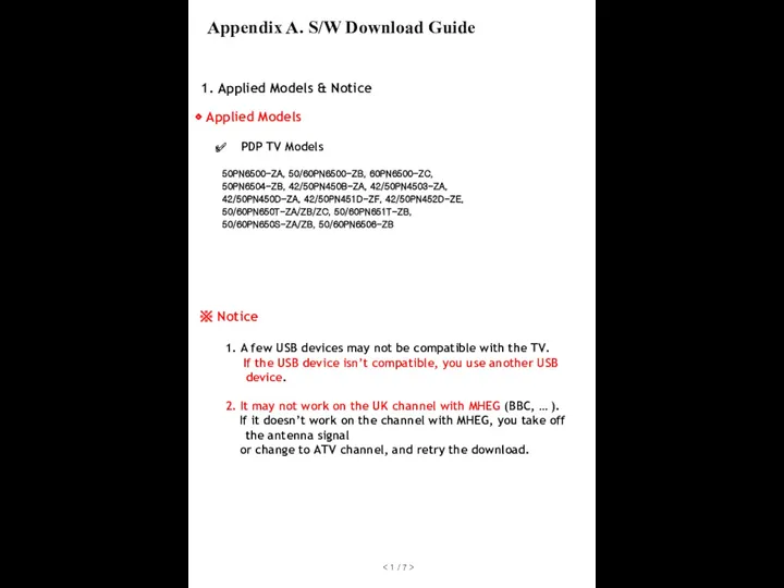 1. Applied Models & Notice ◈ Applied Models PDP TV