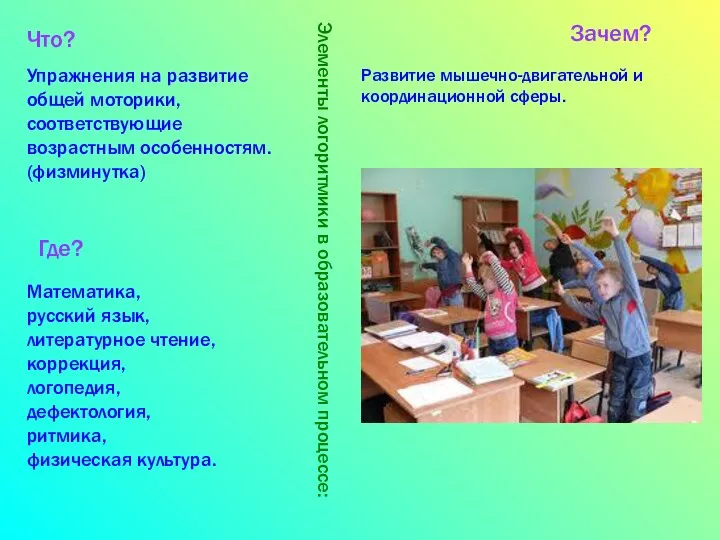 Элементы логоритмики в образовательном процессе: Что? Где? Зачем? Упражнения на