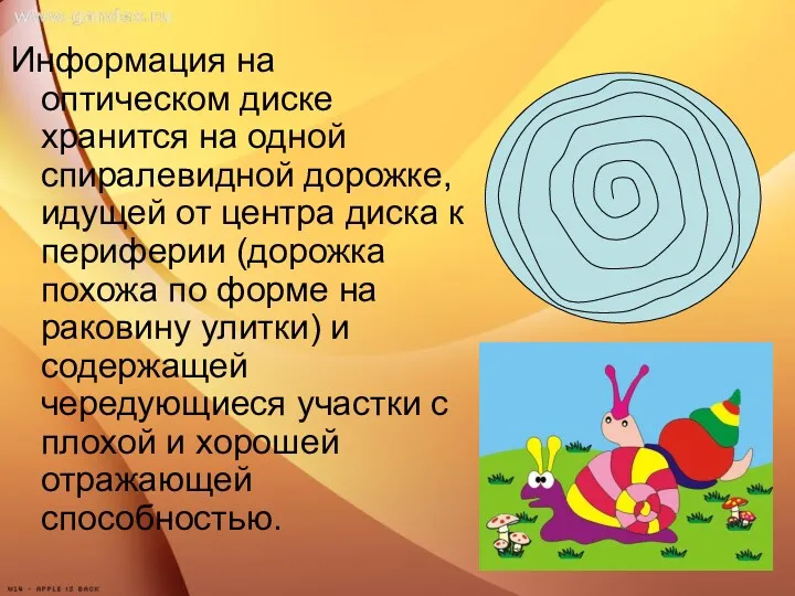 Информация на оптическом диске хранится на одной спиралевидной дорожке, идущей