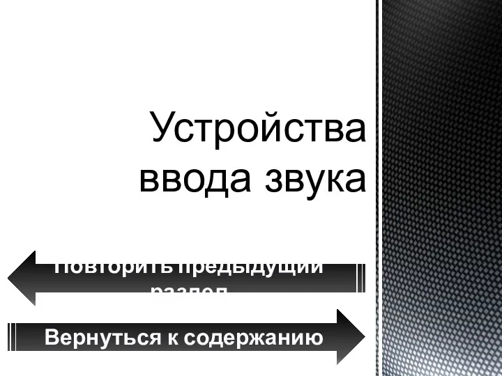 Устройства ввода звука Вернуться к содержанию Повторить предыдущий раздел