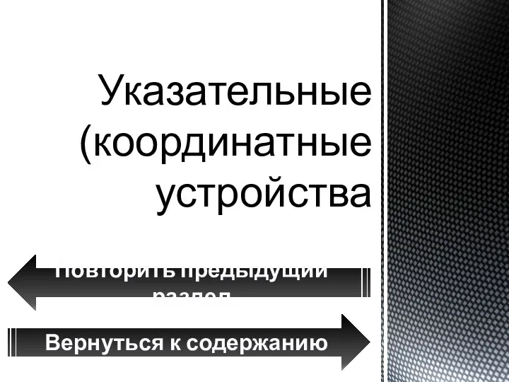 Указательные (координатные устройства Повторить предыдущий раздел Вернуться к содержанию