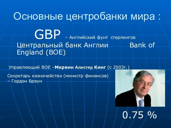 GBP – Английский фунт стерлингов Центральный банк Англии Bank of England (BOE) Основные
