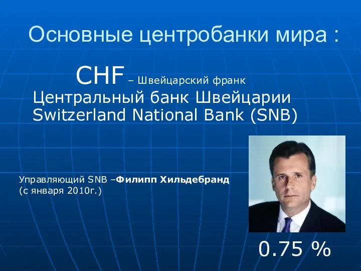 CHF – Швейцарский франк Центральный банк Швейцарии Switzerland National Bank (SNB) Основные центробанки