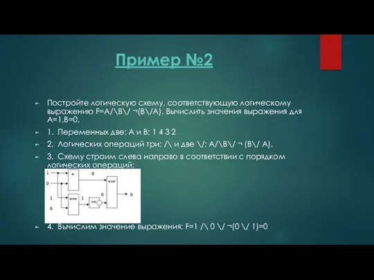 Пример №2 Постройте логическую схему, соответствующую логическому выражению F=А/\В\/ ¬(В\/А).