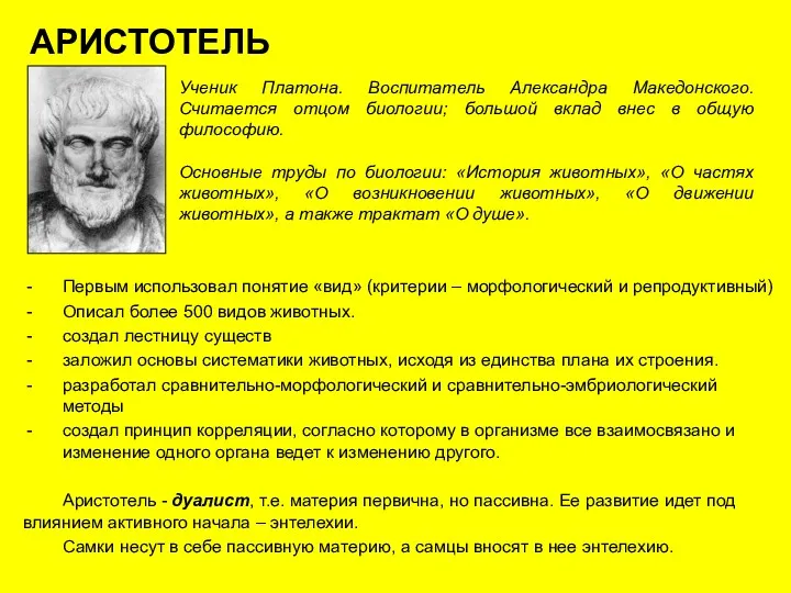 АРИСТОТЕЛЬ Ученик Платона. Воспитатель Александра Македонского. Считается отцом биологии; большой