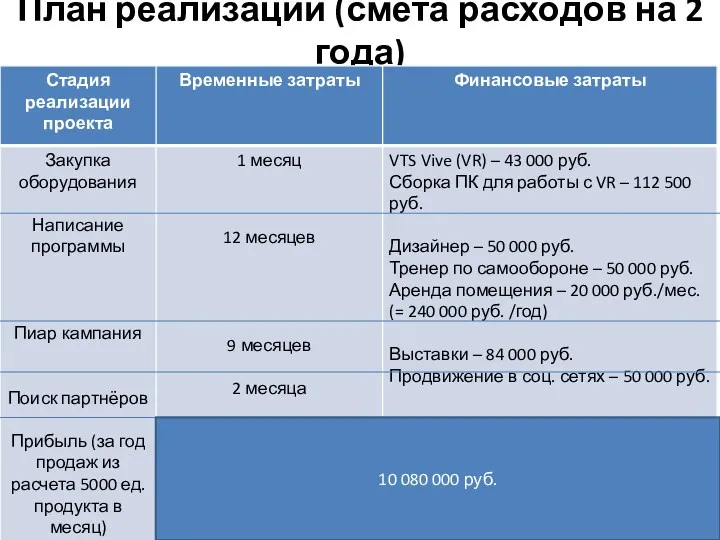 План реализации (смета расходов на 2 года) 10 080 000 руб.