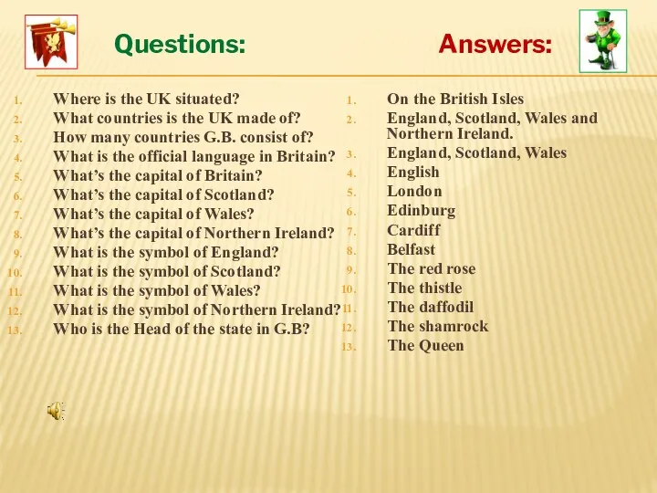 Questions: Where is the UK situated? What countries is the