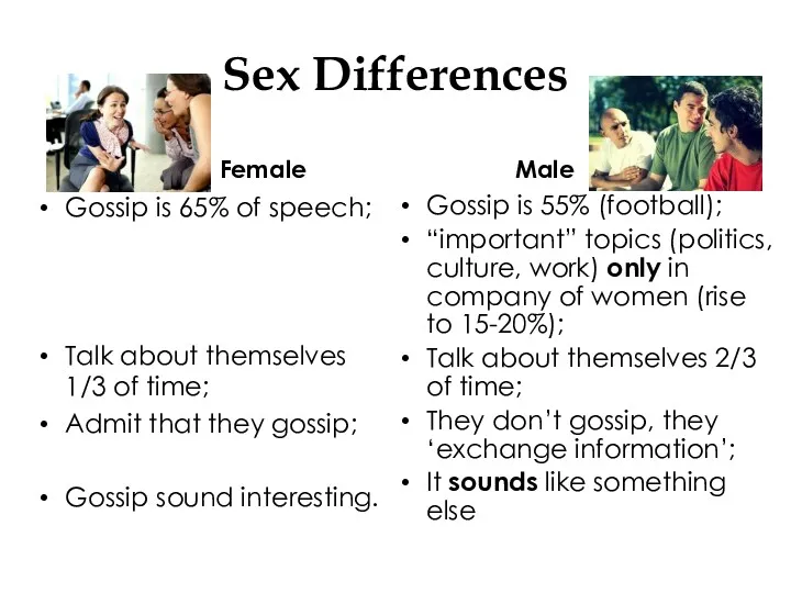 Sex Differences Male Gossip is 65% of speech; Talk about