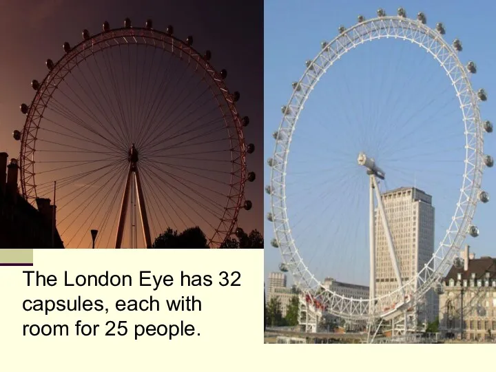 The London Eye has 32 capsules, each with room for 25 people.