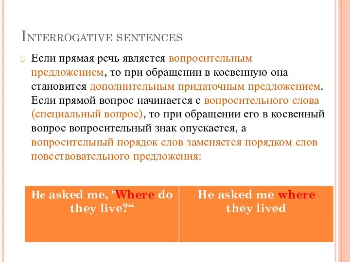 Interrogative sentences Если прямая речь является вопросительным предложением, то при