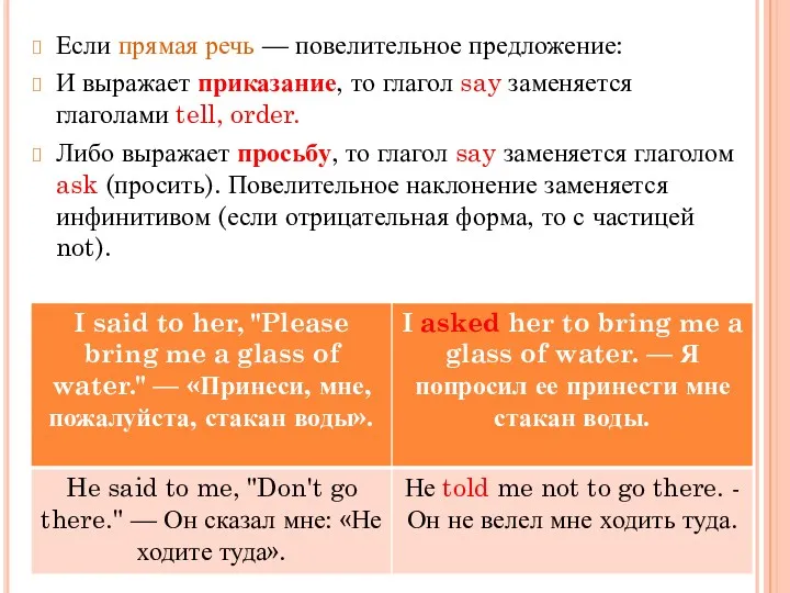 Если прямая речь — повелительное предложение: И выражает приказание, то