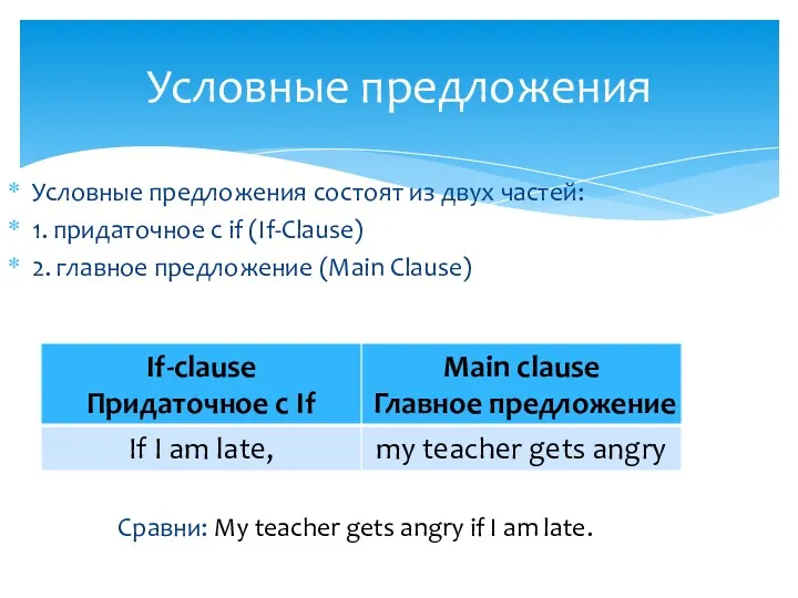 Условные предложения состоят из двух частей: 1. придаточное с if