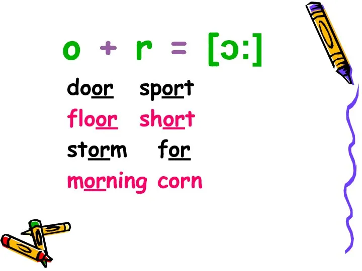 o + r = [ɔ:] door sport floor short storm for morning corn