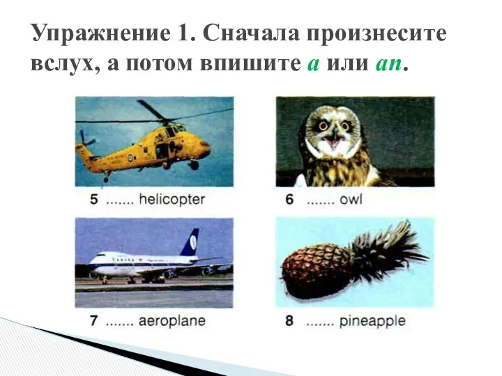 Упражнение 1. Сначала произнесите вслух, а потом впишите a или an.