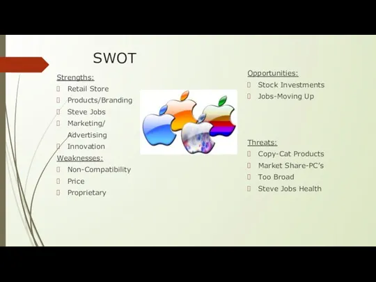 SWOT Strengths: Retail Store Products/Branding Steve Jobs Marketing/ Advertising Innovation