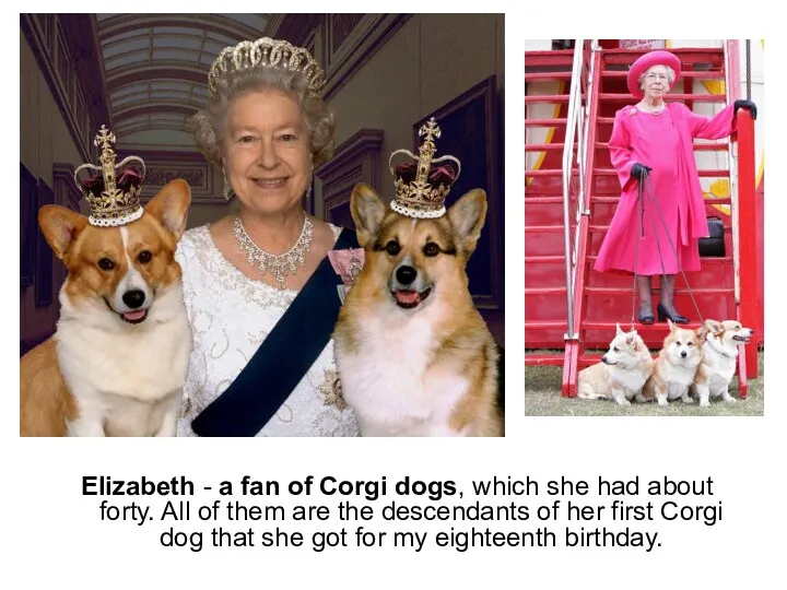 Elizabeth - a fan of Corgi dogs, which she had about forty. All