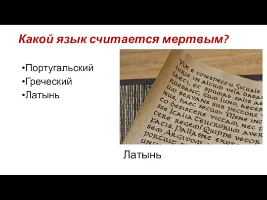 Какой язык считается мертвым? Португальский Греческий Латынь Латынь