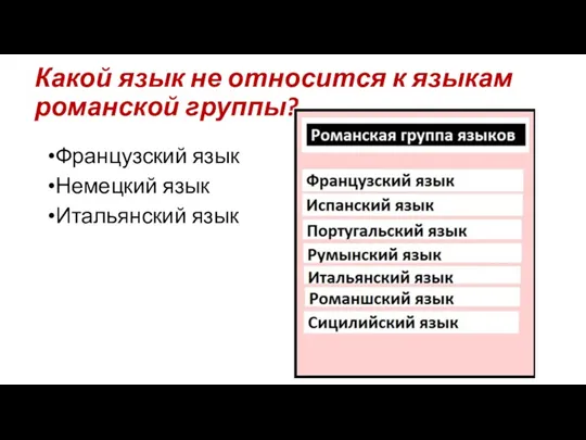 Какой язык не относится к языкам романской группы? Французский язык Немецкий язык Итальянский язык