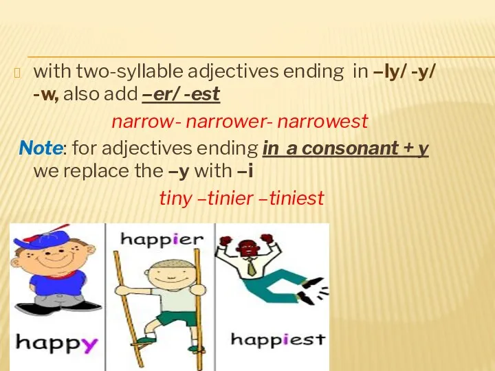 with two-syllable adjectives ending in –ly/ -y/ -w, also add