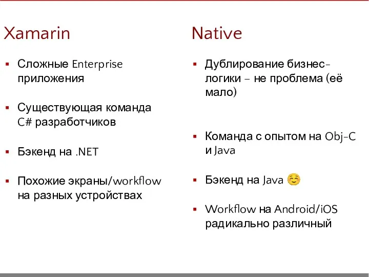 Xamarin Сложные Enterprise приложения Существующая команда C# разработчиков Бэкенд на