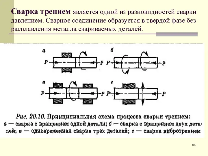 Сварка трением является одной из разновидностей сварки давлением. Сварное соединение образуется в твердой