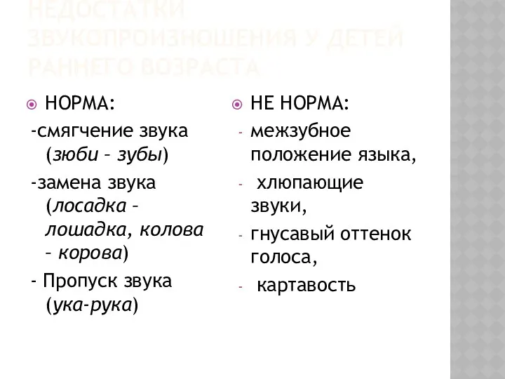 НЕДОСТАТКИ ЗВУКОПРОИЗНОШЕНИЯ У ДЕТЕЙ РАННЕГО ВОЗРАСТА НОРМА: -смягчение звука (зюби