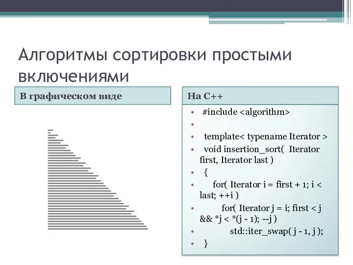 Алгоритмы сортировки простыми включениями В графическом виде На С++ #include