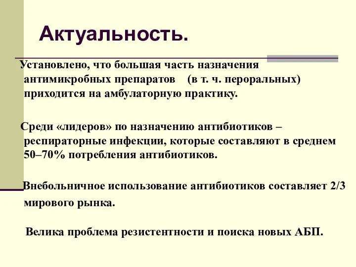 Актуальность. Установлено, что большая часть назначения антимикробных препаратов (в т.