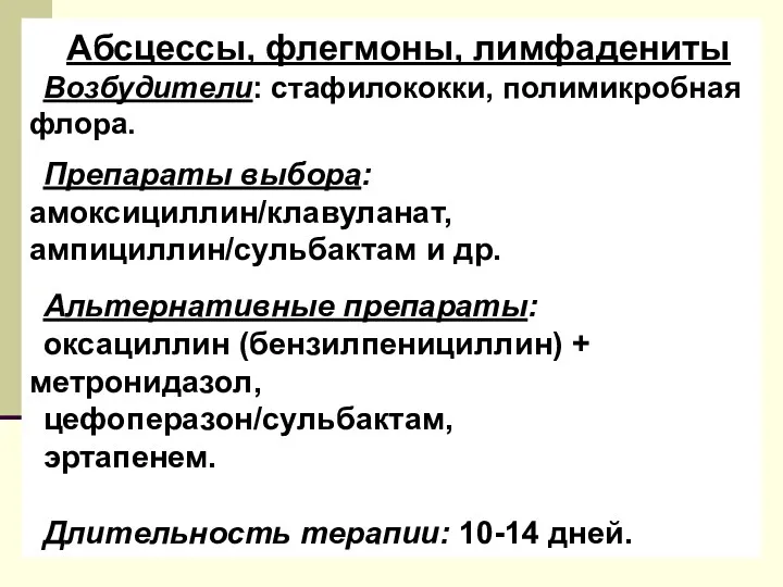 Абсцессы, флегмоны, лимфадениты Возбудители: стафилококки, полимикробная флора. Препараты выбора: амоксициллин/клавуланат,